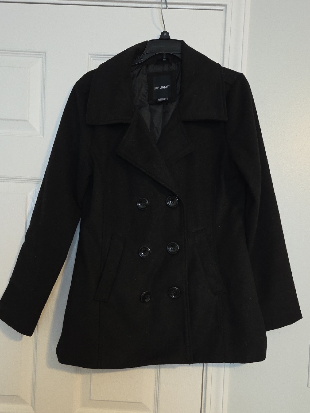 Me Jane Black Double-Breasted Pea Coat with Notched Lapel